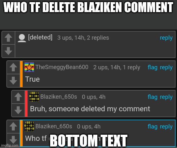 E | WHO TF DELETE BLAZIKEN COMMENT; BOTTOM TEXT | made w/ Imgflip meme maker