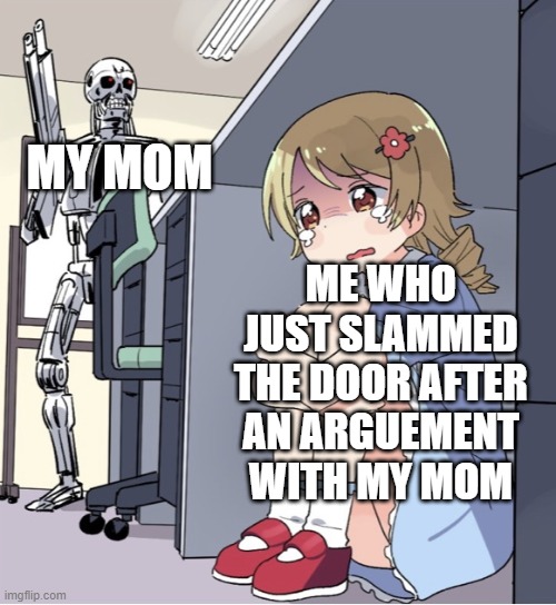 Hey Cool! I'm dead! | MY MOM; ME WHO JUST SLAMMED THE DOOR AFTER AN ARGUEMENT WITH MY MOM | image tagged in anime girl hiding from terminator | made w/ Imgflip meme maker