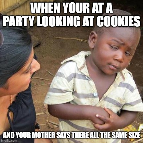 i mean he is right | WHEN YOUR AT A PARTY LOOKING AT COOKIES; AND YOUR MOTHER SAYS THERE ALL THE SAME SIZE | image tagged in memes,third world skeptical kid | made w/ Imgflip meme maker