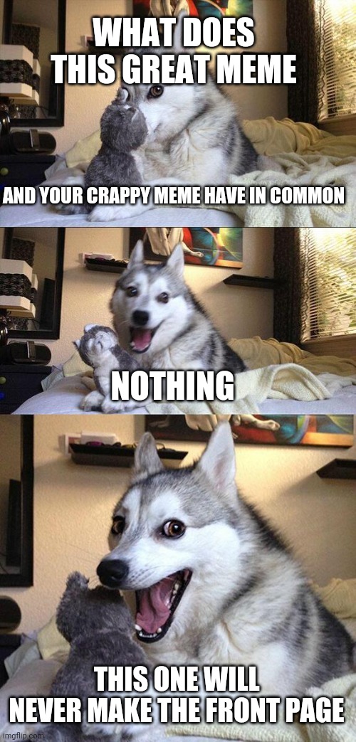 Story of my life | WHAT DOES THIS GREAT MEME; AND YOUR CRAPPY MEME HAVE IN COMMON; NOTHING; THIS ONE WILL NEVER MAKE THE FRONT PAGE | image tagged in memes,bad pun dog | made w/ Imgflip meme maker