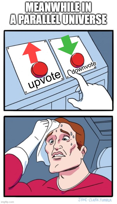 Two Buttons Meme | MEANWHILE IN A PARALLEL UNIVERSE; downvote; upvote | image tagged in memes,two buttons | made w/ Imgflip meme maker