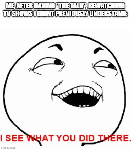 whoop | ME, AFTER HAVING "THE TALK", REWATCHING TV SHOWS I DIDNT PREVIOUSLY UNDERSTAND: | image tagged in i see what you did there,fun,funny,meme,memes | made w/ Imgflip meme maker