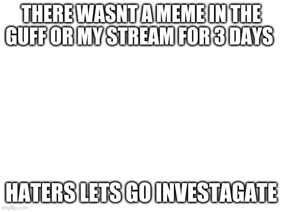 idk whats going on in there, but i know there planing something... | THERE WASNT A MEME IN THE GUFF OR MY STREAM FOR 3 DAYS; HATERS LETS GO INVESTAGATE | image tagged in blank white template | made w/ Imgflip meme maker