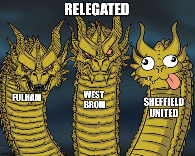 Well...bye! | RELEGATED; WEST 
BROM; FULHAM; SHEFFIELD
UNITED | image tagged in three-headed dragon | made w/ Imgflip meme maker