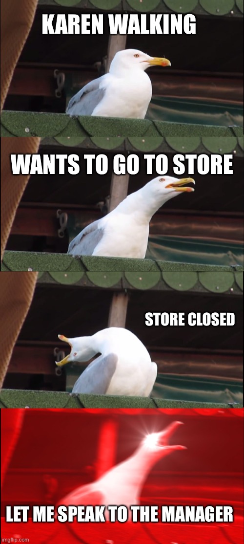 Karen | KAREN WALKING; WANTS TO GO TO STORE; STORE CLOSED; LET ME SPEAK TO THE MANAGER | image tagged in memes,inhaling seagull | made w/ Imgflip meme maker