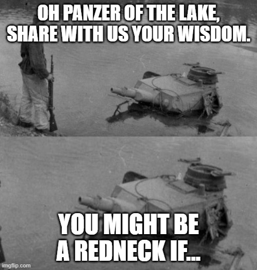 Panzer of the lake | OH PANZER OF THE LAKE, SHARE WITH US YOUR WISDOM. YOU MIGHT BE A REDNECK IF... | image tagged in panzer of the lake | made w/ Imgflip meme maker
