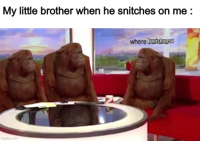 He cries when I don’t hav one | My little brother when he snitches on me :; Punishment | image tagged in where banana | made w/ Imgflip meme maker