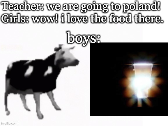 POLISH IS COOL! | Teacher: we are going to poland! Girls: wow! i love the food there. boys: | image tagged in memes,polish cow,polish,barney will eat all of your delectable biscuits,spinning polish toilet | made w/ Imgflip meme maker