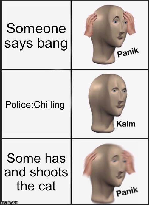 Cat people be like | Someone says bang; Police:Chilling; Some has and shoots the cat | image tagged in memes,panik kalm panik | made w/ Imgflip meme maker
