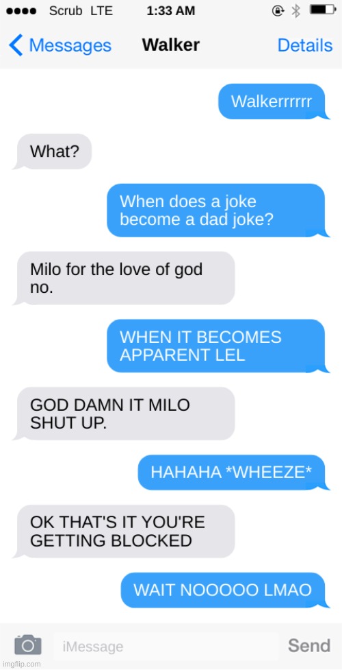 A convo between Milo and Walker (OCs) | made w/ Imgflip meme maker