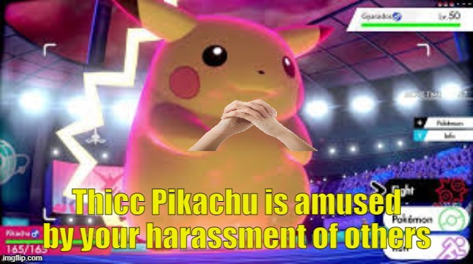 thicc Pikachu is amused by your harassment of others | image tagged in thicc pikachu is amused by your harassment of others | made w/ Imgflip meme maker