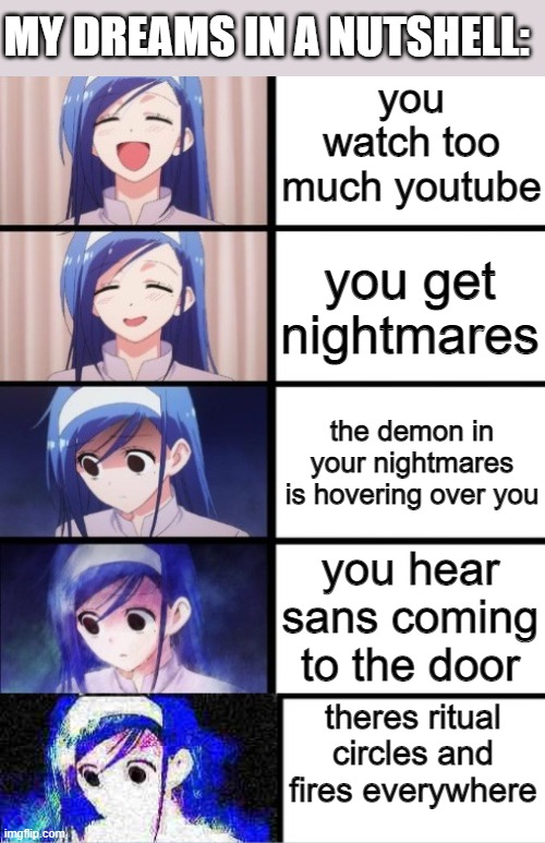 uhhhh | MY DREAMS IN A NUTSHELL:; you watch too much youtube; you get nightmares; the demon in your nightmares is hovering over you; you hear sans coming to the door; theres ritual circles and fires everywhere | image tagged in 5 panels | made w/ Imgflip meme maker