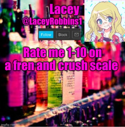 Just Because Trend Time | Rate me 1-10 on a fren and crush scale | image tagged in lacey announcement template | made w/ Imgflip meme maker