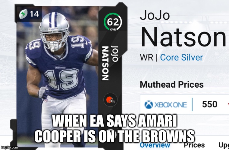 EA sports to the game | WHEN EA SAYS AMARI COOPER IS ON THE BROWNS | image tagged in madden,football,nfl | made w/ Imgflip meme maker