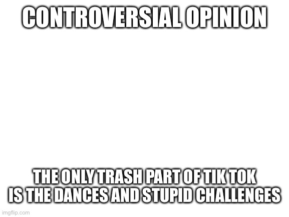 Blank White Template | CONTROVERSIAL OPINION; THE ONLY TRASH PART OF TIK TOK IS THE DANCES AND STUPID CHALLENGES | image tagged in blank white template | made w/ Imgflip meme maker