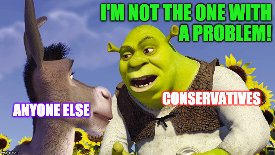 I'M NOT THE ONE WITH
A PROBLEM! CONSERVATIVES; ANYONE ELSE | image tagged in memes,conservatives,shrek not my problem,politics,classic denial | made w/ Imgflip meme maker