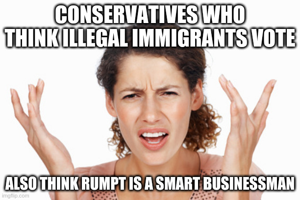that has-been  | CONSERVATIVES WHO THINK ILLEGAL IMMIGRANTS VOTE; ALSO THINK RUMPT IS A SMART BUSINESSMAN | image tagged in indignant | made w/ Imgflip meme maker