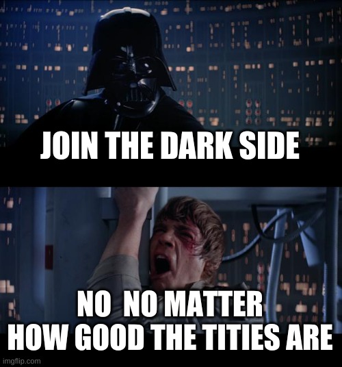 tites | JOIN THE DARK SIDE; NO  NO MATTER HOW GOOD THE TITIES ARE | image tagged in memes,star wars no | made w/ Imgflip meme maker