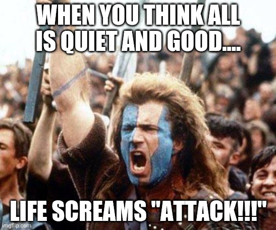 braveheart freedom | WHEN YOU THINK ALL IS QUIET AND GOOD.... LIFE SCREAMS "ATTACK!!!" | image tagged in braveheart freedom | made w/ Imgflip meme maker