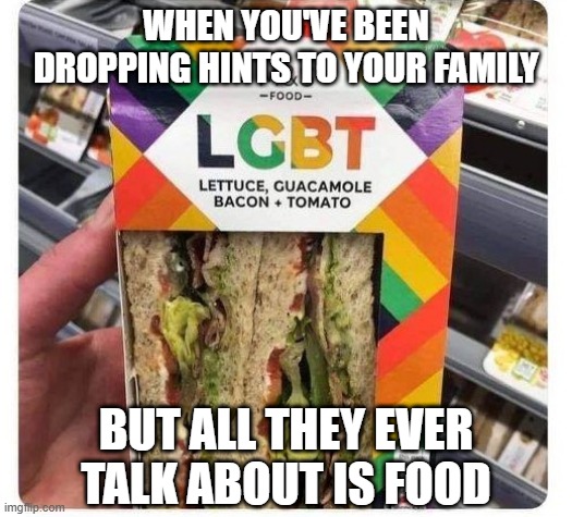 LGBT sandwich |  WHEN YOU'VE BEEN DROPPING HINTS TO YOUR FAMILY; BUT ALL THEY EVER TALK ABOUT IS FOOD | image tagged in funny | made w/ Imgflip meme maker