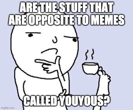 Actually it might be true lmao | ARE THE STUFF THAT ARE OPPOSITE TO MEMES; CALLED YOUYOUS? | image tagged in thinking meme,meme,opposite of meme is youyou,stopreadingthesetags | made w/ Imgflip meme maker