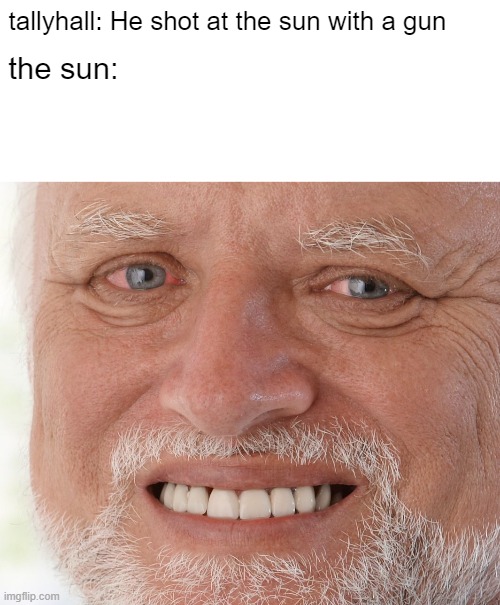 tallyhall: He shot at the sun with a gun; the sun: | image tagged in hide the pain harold,funny memes,what,what the heck | made w/ Imgflip meme maker