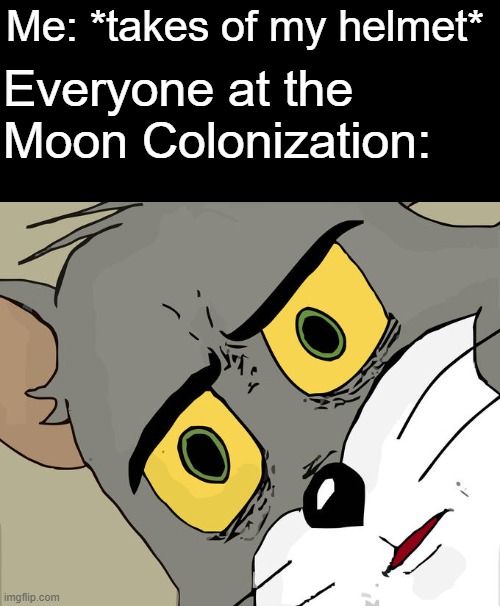 Unsettled Tom Meme | Me: *takes of my helmet*; Everyone at the Moon Colonization: | image tagged in memes,unsettled tom,moon,astronaut | made w/ Imgflip meme maker