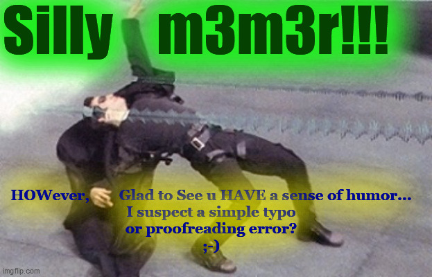 neo dodging a bullet matrix | Silly    m3m3r!!! HOWever,        Glad to See u HAVE a sense of humor...
I suspect a simple typo
or proofreading error?
;-) | image tagged in neo dodging a bullet matrix | made w/ Imgflip meme maker