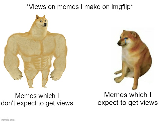 Why? | *Views on memes I make on imgflip*; Memes which I don't expect to get views; Memes which I expect to get views | image tagged in memes,buff doge vs cheems | made w/ Imgflip meme maker