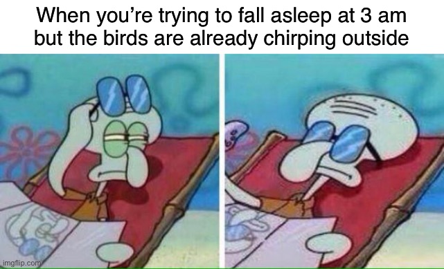 Relatable? | When you’re trying to fall asleep at 3 am
but the birds are already chirping outside | image tagged in squidward sunbathing,sleep,trying to sleep,birds,funny,relatable | made w/ Imgflip meme maker