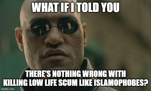 Nothing Wrong With Killing Low Life Scum Like Islamophobes. | WHAT IF I TOLD YOU; THERE'S NOTHING WRONG WITH KILLING LOW LIFE SCUM LIKE ISLAMOPHOBES? | image tagged in memes,matrix morpheus,islamophobia,scum,kill | made w/ Imgflip meme maker