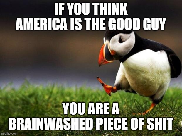 If You Think America Is The Good Guy You Are A Brainwashed Piece Of Shit | IF YOU THINK AMERICA IS THE GOOD GUY; YOU ARE A BRAINWASHED PIECE OF SHIT | image tagged in memes,unpopular opinion puffin,america,brainwashing,brainwashed,shit | made w/ Imgflip meme maker
