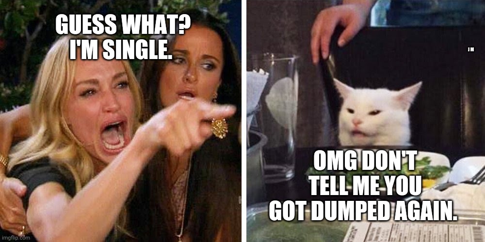 Smudge the cat |  GUESS WHAT? I'M SINGLE. J M; OMG DON'T TELL ME YOU GOT DUMPED AGAIN. | image tagged in smudge the cat | made w/ Imgflip meme maker