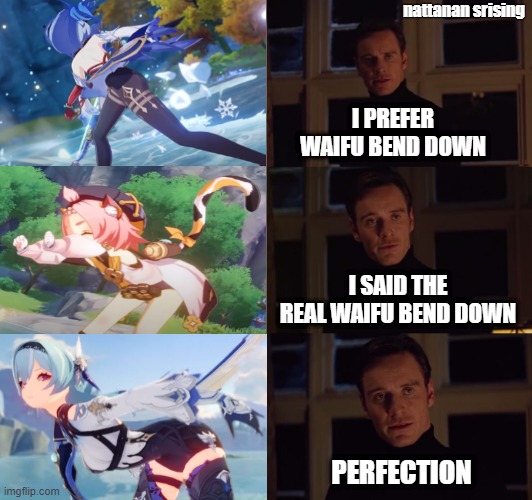 [Genshin Impact] The Waifu Bend down | nattanan srising; I PREFER WAIFU BEND DOWN; I SAID THE REAL WAIFU BEND DOWN; PERFECTION | image tagged in perfection | made w/ Imgflip meme maker