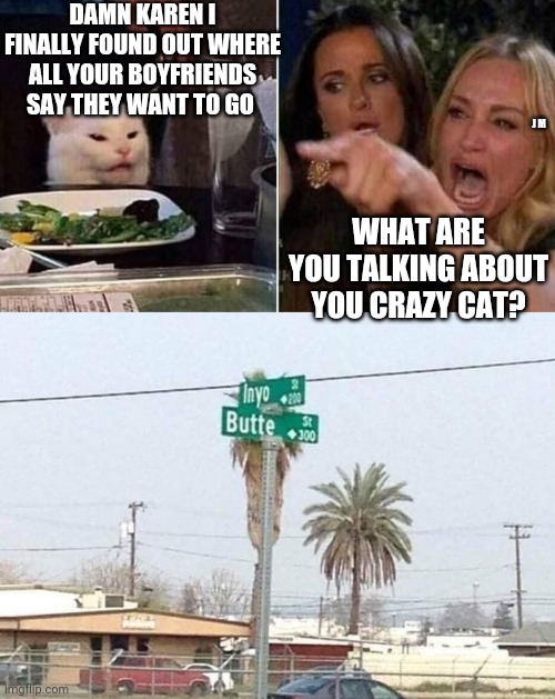 DAMN KAREN I FINALLY FOUND OUT WHERE ALL YOUR BOYFRIENDS SAY THEY WANT TO GO; J M; WHAT ARE YOU TALKING ABOUT YOU CRAZY CAT? | image tagged in reverse smudge and karen | made w/ Imgflip meme maker