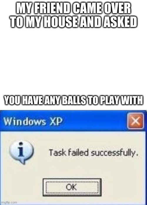 MY FRIEND CAME OVER TO MY HOUSE AND ASKED; YOU HAVE ANY BALLS TO PLAY WITH | image tagged in blank white template,task failed successfully | made w/ Imgflip meme maker