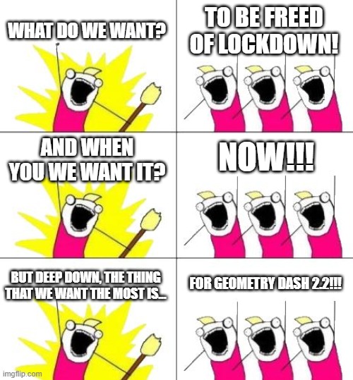 Do any of you gamers out there relate to this? | WHAT DO WE WANT? TO BE FREED OF LOCKDOWN! NOW!!! AND WHEN YOU WE WANT IT? BUT DEEP DOWN, THE THING THAT WE WANT THE MOST IS... FOR GEOMETRY DASH 2.2!!! | image tagged in memes,what do we want 3,geometry dash | made w/ Imgflip meme maker