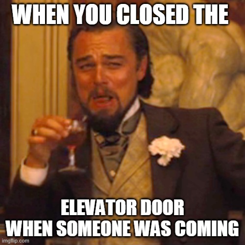 i can't think of an good title lol | WHEN YOU CLOSED THE; ELEVATOR DOOR WHEN SOMEONE WAS COMING | image tagged in memes,laughing leo | made w/ Imgflip meme maker
