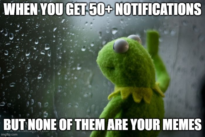 kermit window | WHEN YOU GET 50+ NOTIFICATIONS; BUT NONE OF THEM ARE YOUR MEMES | image tagged in kermit window | made w/ Imgflip meme maker