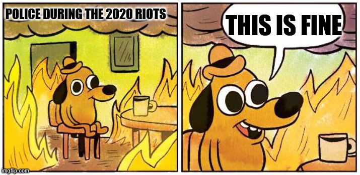 They just let it burn. | THIS IS FINE; POLICE DURING THE 2020 RIOTS | image tagged in this is fine blank,politics,memes,political meme,this is fine,oh wow are you actually reading these tags | made w/ Imgflip meme maker