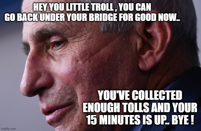 HEY YOU LITTLE TROLL , YOU CAN GO BACK UNDER YOUR BRIDGE FOR GOOD NOW.. YOU'VE COLLECTED ENOUGH TOLLS AND YOUR 15 MINUTES IS UP.. BYE ! | image tagged in fauci | made w/ Imgflip meme maker