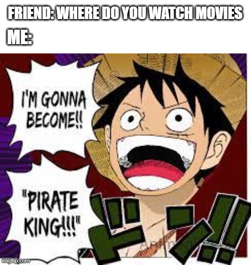 why did i make this | FRIEND: WHERE DO YOU WATCH MOVIES; ME: | image tagged in luffy,one piece | made w/ Imgflip meme maker