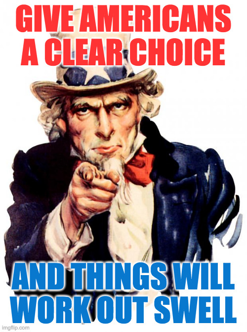 Uncle Sam Meme | GIVE AMERICANS A CLEAR CHOICE AND THINGS WILL
WORK OUT SWELL | image tagged in memes,uncle sam | made w/ Imgflip meme maker