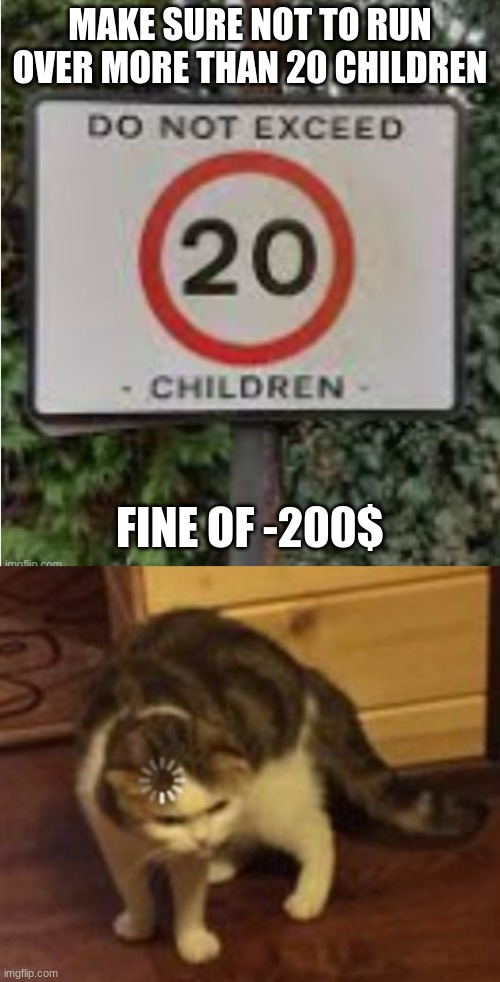 MAKE SURE NOT TO RUN OVER MORE THAN 20 CHILDREN; FINE OF -200$ | image tagged in loading cat | made w/ Imgflip meme maker
