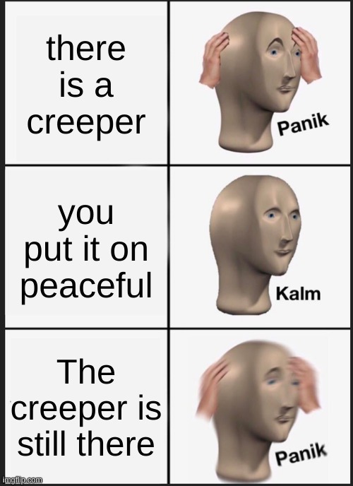Minecraft bedrock some how breaks it self | there is a creeper; you put it on peaceful; The creeper is still there | image tagged in memes,panik kalm panik | made w/ Imgflip meme maker