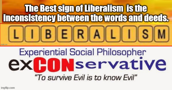 Liberalism's Shoe of other Foot test..... | The Best sign of Liberalism  is the inconsistency between the words and deeds. | image tagged in liberalism,words vs deeds,hypocrite,hypocrisy,shoe on other foot test | made w/ Imgflip meme maker