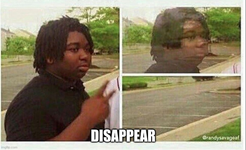 Black guy disappearing | DISAPPEAR | image tagged in black guy disappearing | made w/ Imgflip meme maker