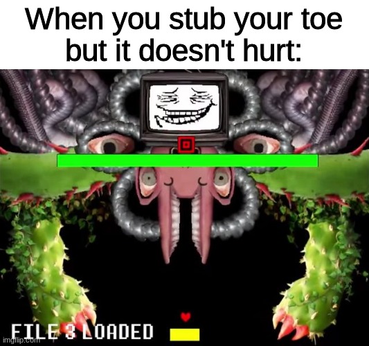0 damage dealt     I am immortal | When you stub your toe
but it doesn't hurt: | image tagged in omega flowey troll face,memes,barney will eat all of your delectable biscuits,oh wow are you actually reading these tags | made w/ Imgflip meme maker