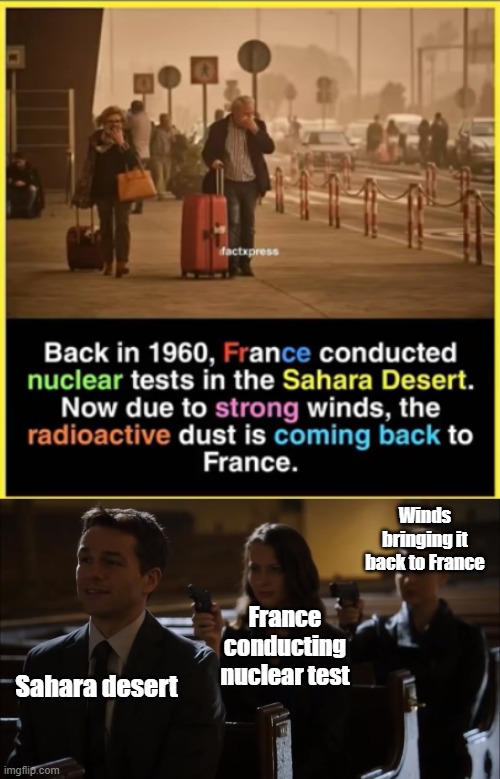  Winds bringing it back to France; France conducting nuclear test; Sahara desert | image tagged in church gun meme | made w/ Imgflip meme maker
