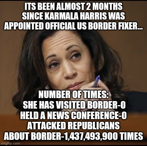 Double standard? Nooooooo. I am sure those mexican citizens begging for money at every shopping center entrance is a coincidence | ITS BEEN ALMOST 2 MONTHS SINCE KARMALA HARRIS WAS APPOINTED OFFICIAL US BORDER FIXER... NUMBER OF TIMES:
 SHE HAS VISITED BORDER-0
HELD A NEWS CONFERENCE-0
ATTACKED REPUBLICANS ABOUT BORDER-1,437,493,900 TIMES | image tagged in kamala harris,secure the border,liberal hypocrisy | made w/ Imgflip meme maker